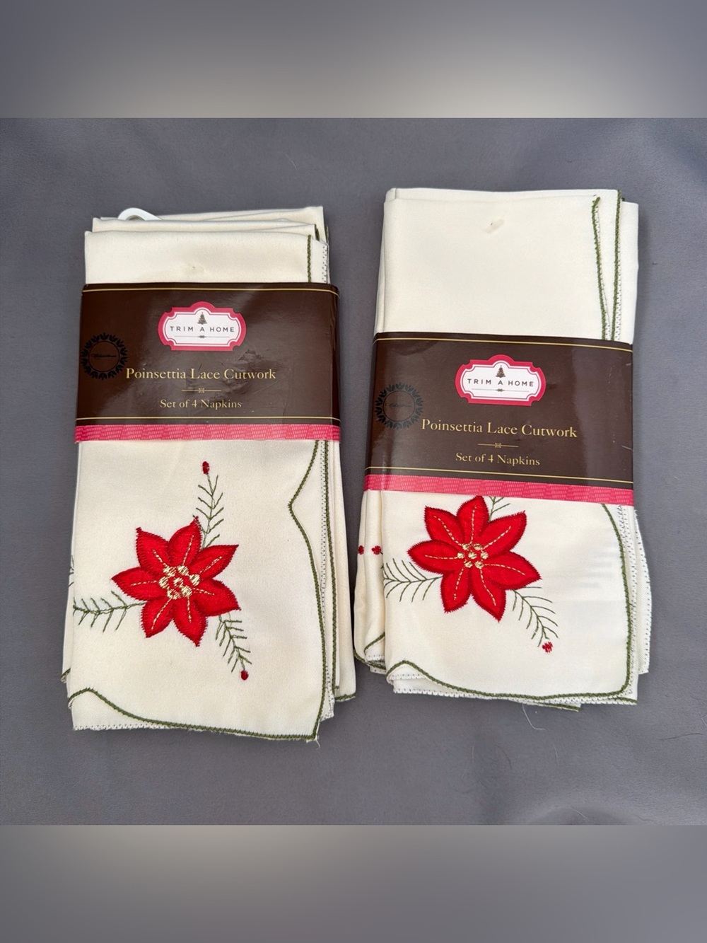 Vtg Kmart 8pc Trim A Home Napkins Christmas Poinsettia Lace Cutwork Embroidered